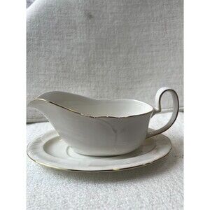 Vintage HORIZONS White Gravy Boat/ Under plate Gold Trim
